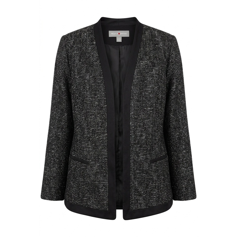 Project Merino Avenue Studio Metallic Tweed Open Front Blazer Black Silver 2X